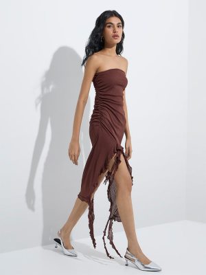 Nuon Dark Brown Ruched Bodycon Dress