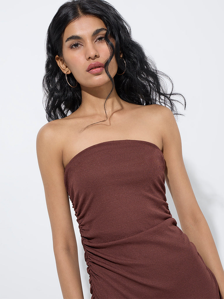 Nuon Dark Brown Ruched Bodycon Dress - Image 3