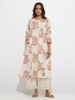 Utsa Coral Floral Design Cotton-Blend A-Line Kurta