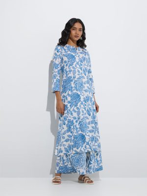 Utsa Blue Floral Design A-Line Kurta