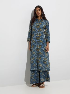Utsa Indigo Foliage Printed A-Line Kurta