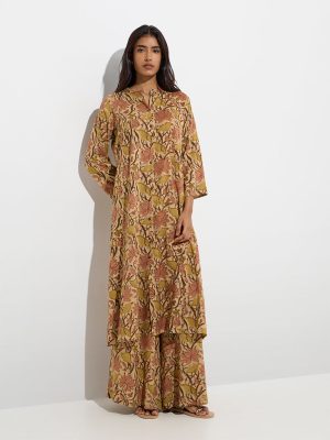 Utsa Beige Foliage Design A-Line Kurta
