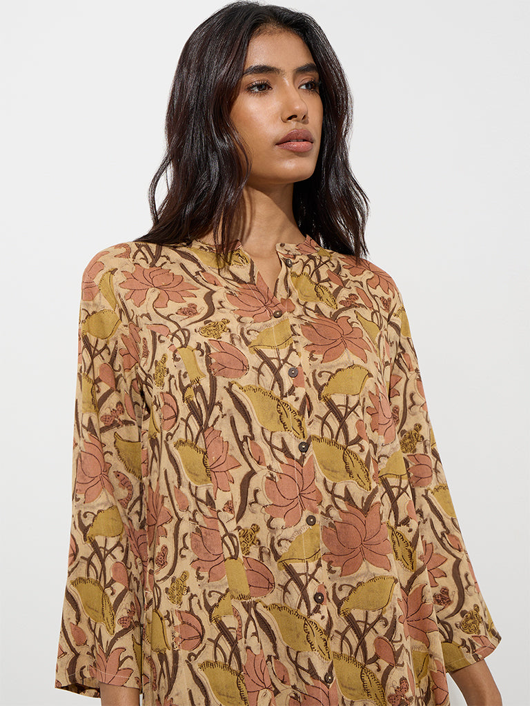 Utsa Beige Foliage Design A-Line Kurta - Image 3