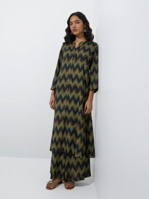 Utsa Olive Chevron Pattern A-Line Kurta