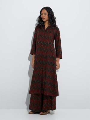 Utsa Maroon Chevron Pattern A-Line Kurta