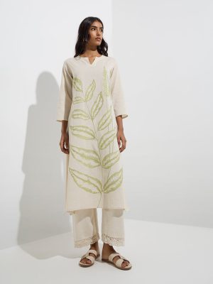 Utsa Off-White Leaf Patterned Cotton-Blend A-Line Kurta