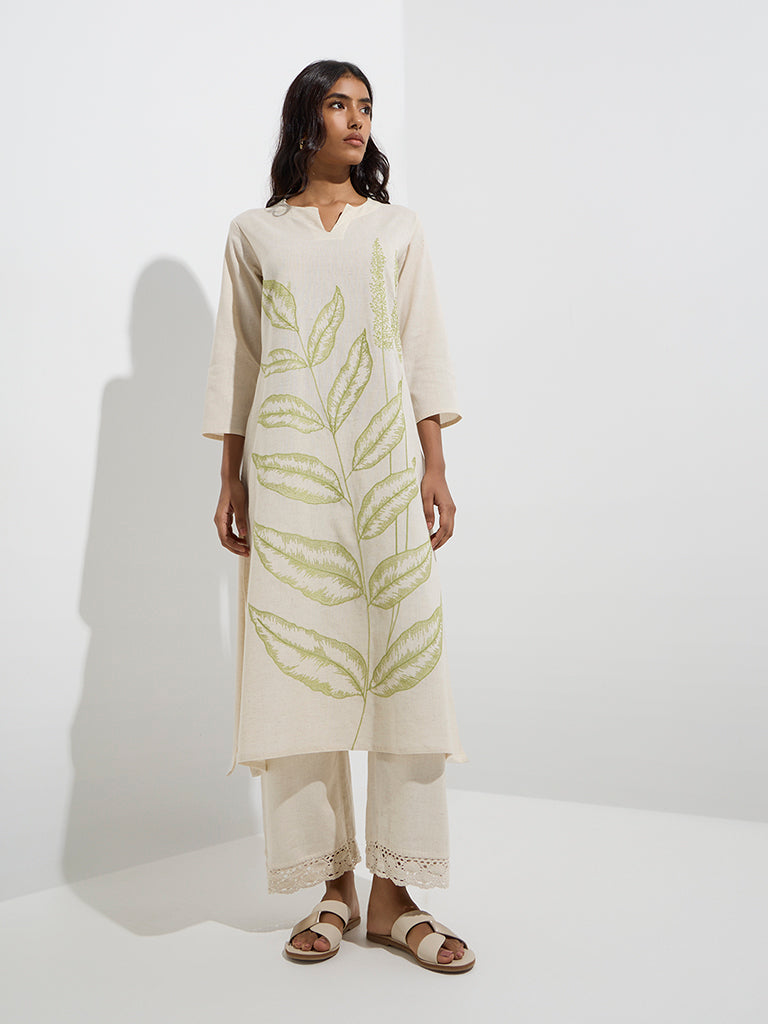 Utsa Off-White Leaf Patterned Cotton-Blend A-Line Kurta