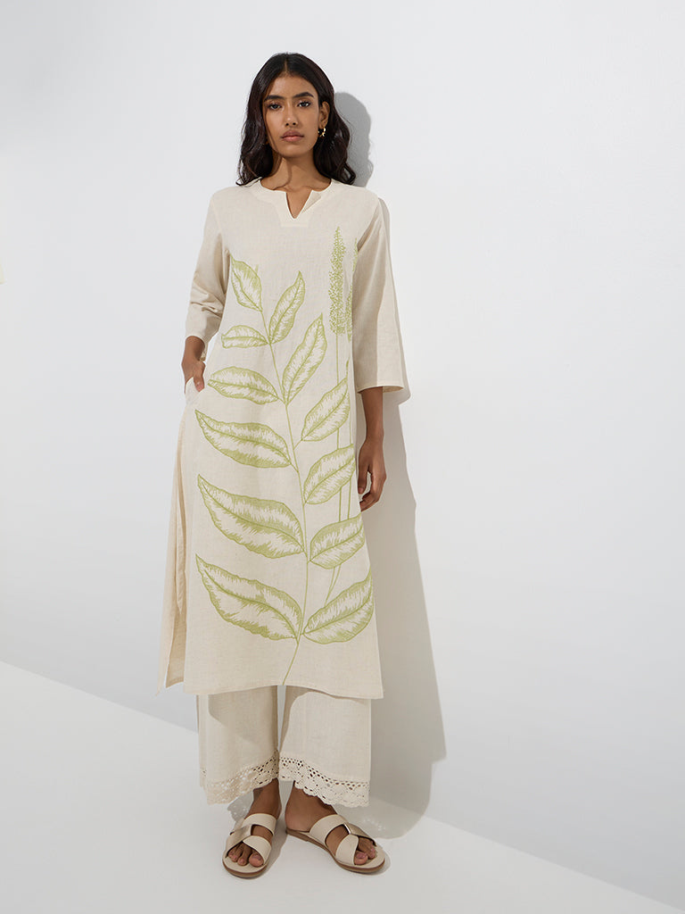 Utsa Off-White Leaf Patterned Cotton-Blend A-Line Kurta - Image 2