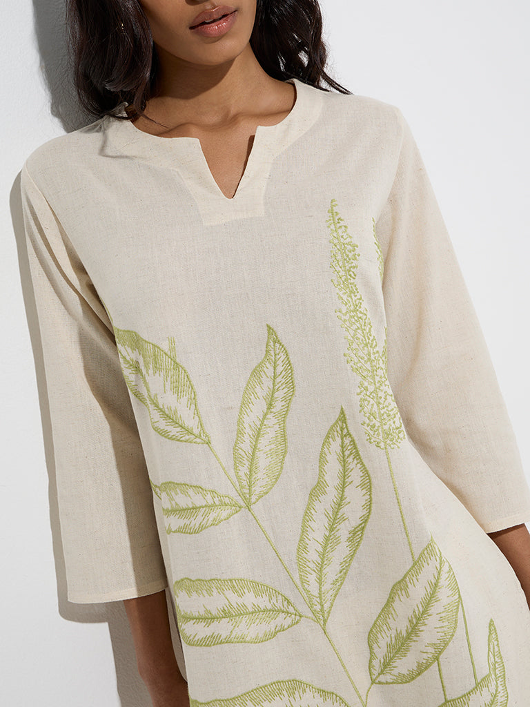 Utsa Off-White Leaf Patterned Cotton-Blend A-Line Kurta - Image 3