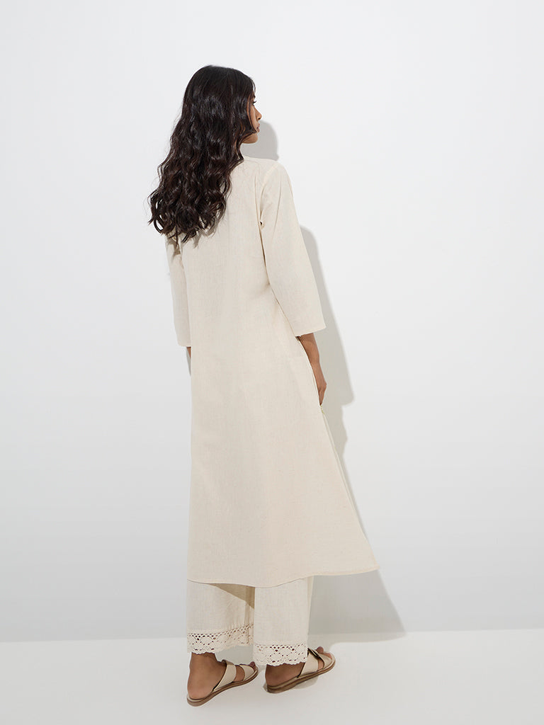 Utsa Off-White Leaf Patterned Cotton-Blend A-Line Kurta - Image 4