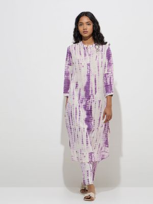 Utsa Purple Tie-Dye Printed Cotton A-Line Kurta