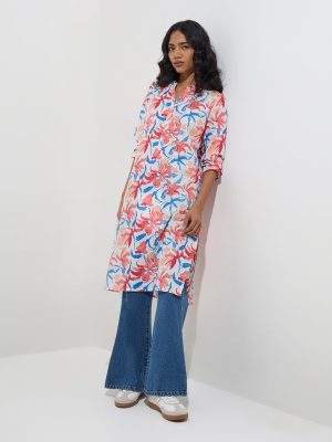 Utsa Coral Floral Design Straight Cotton Kurta