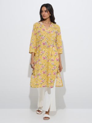 Utsa Yellow Floral Pattern Cotton Straight Kurta