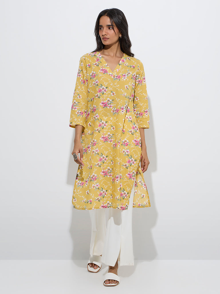 Utsa Yellow Floral Pattern Cotton Straight Kurta