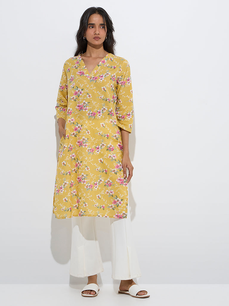 Utsa Yellow Floral Pattern Cotton Straight Kurta - Image 2
