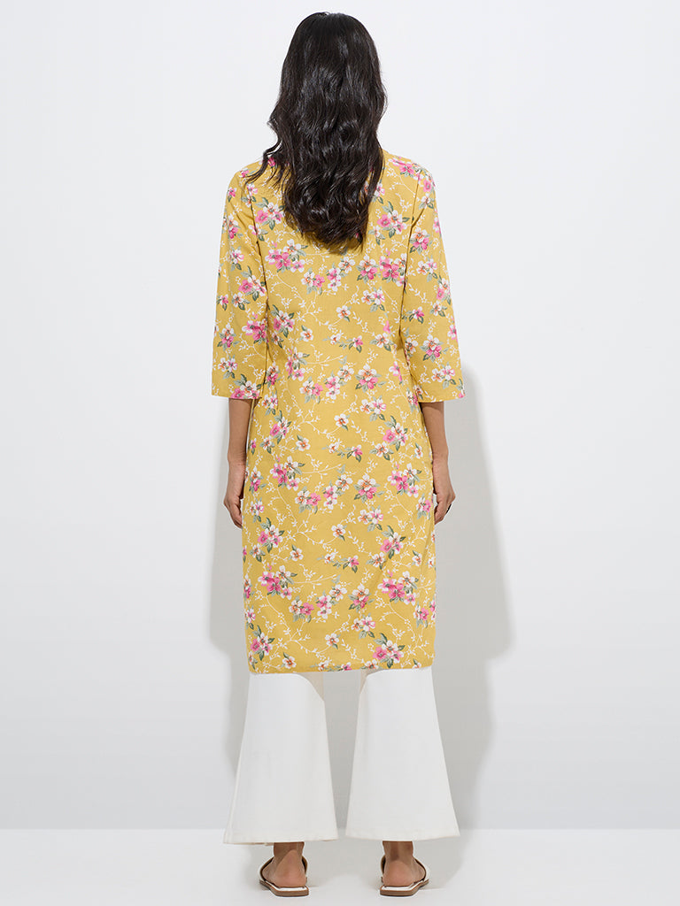 Utsa Yellow Floral Pattern Cotton Straight Kurta - Image 4