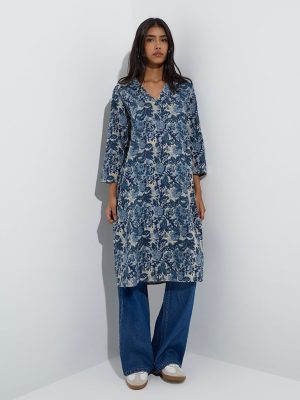 Utsa Blue Floral Design Straight Cotton Kurta