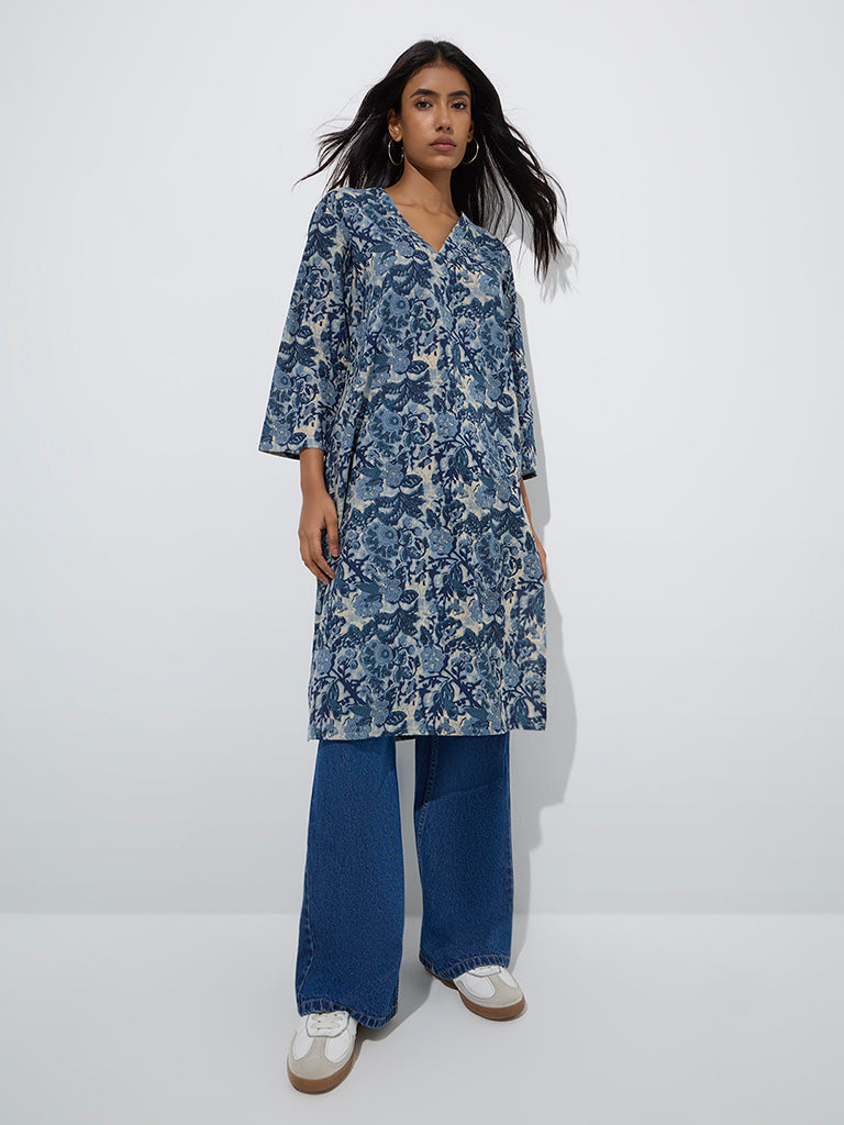 Utsa Blue Floral Design Straight Cotton Kurta - Image 2