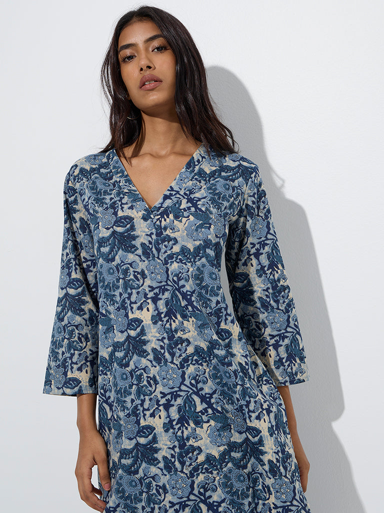 Utsa Blue Floral Design Straight Cotton Kurta - Image 3