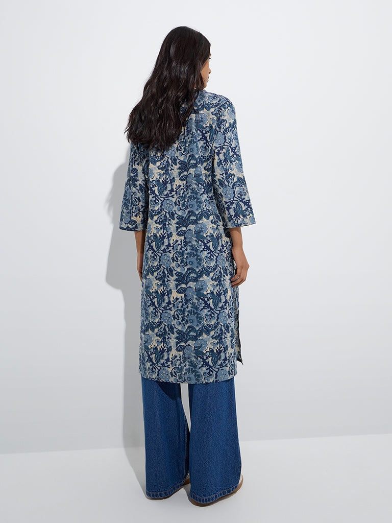 Utsa Blue Floral Design Straight Cotton Kurta - Image 4
