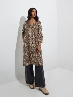 Utsa Taupe Botanical Printed Straight Cotton Kurta