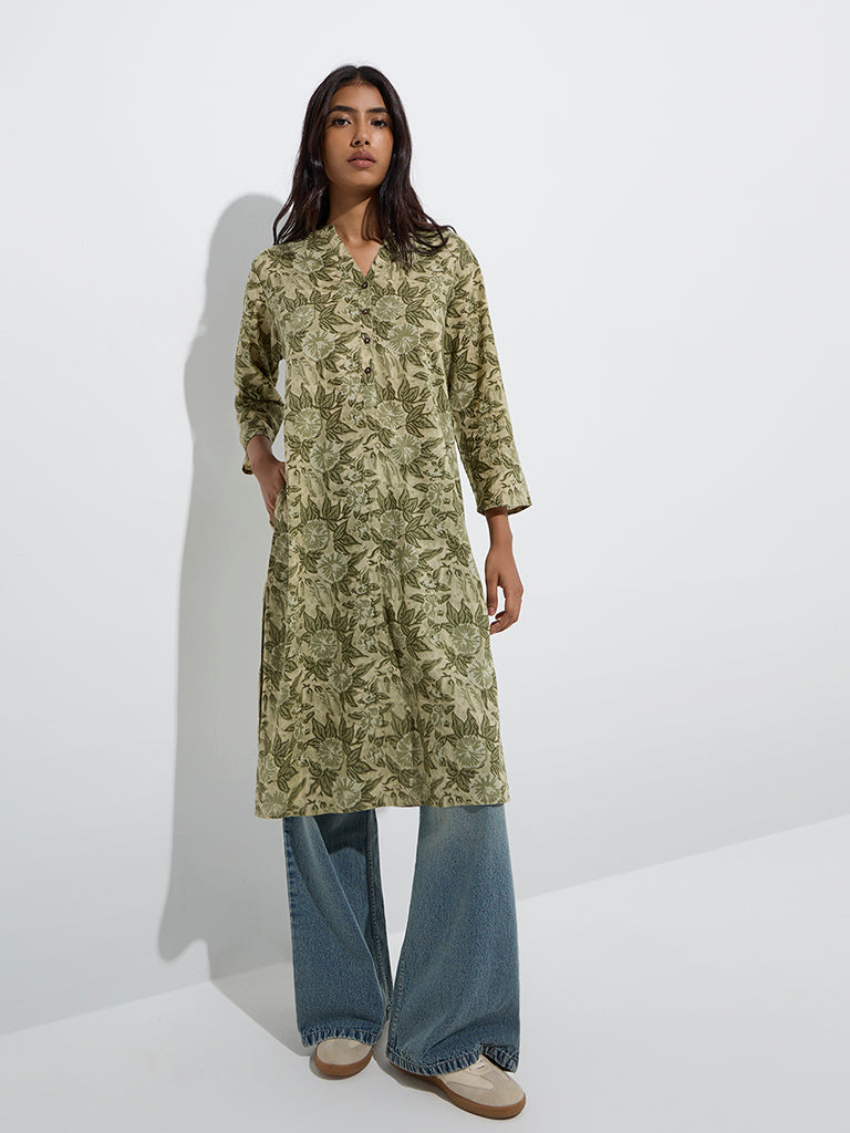 Utsa Olive Floral Detailed Straight Cotton Kurta - Image 2