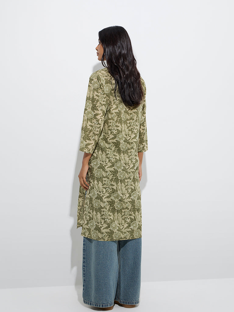 Utsa Olive Floral Detailed Straight Cotton Kurta - Image 4