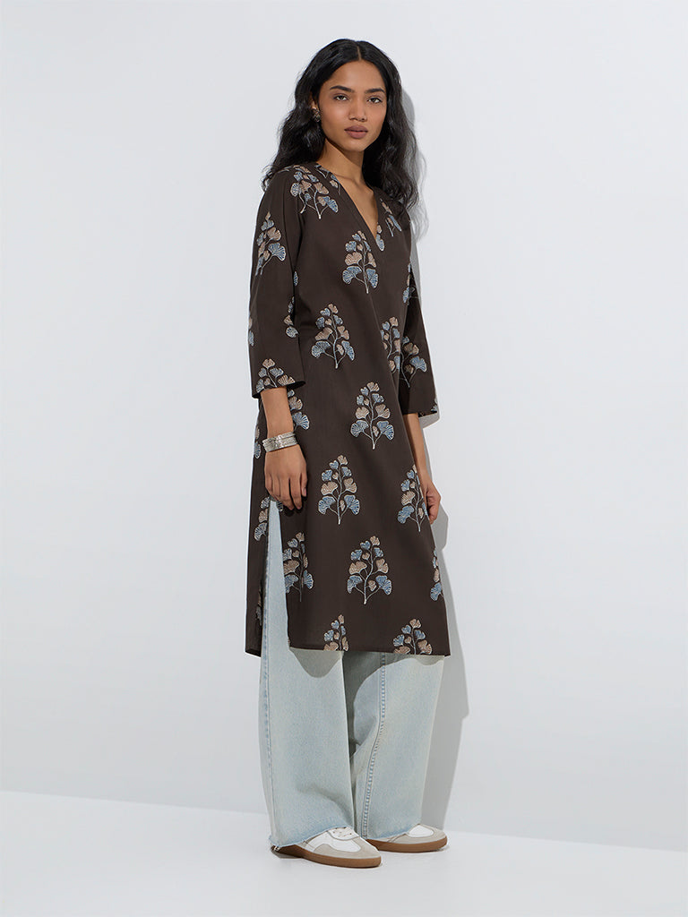 Utsa Black Floral Pattern Cotton A-Line Kurta