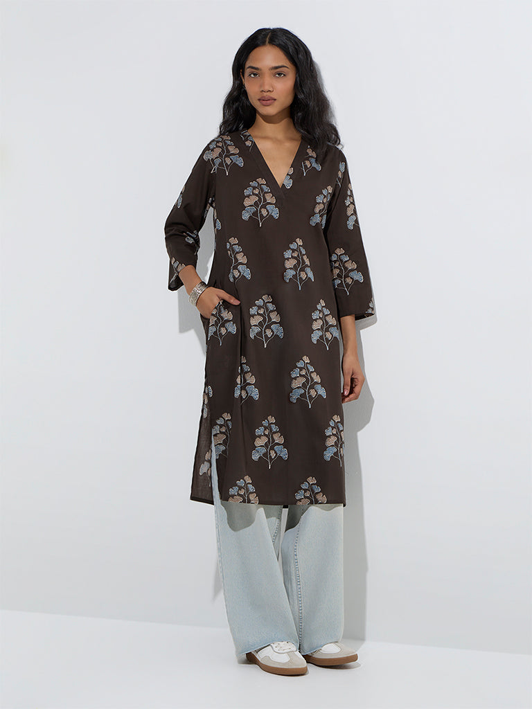 Utsa Black Floral Pattern Cotton A-Line Kurta - Image 2