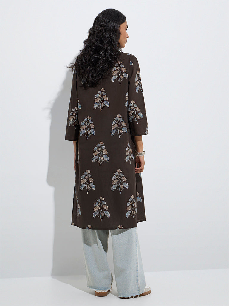 Utsa Black Floral Pattern Cotton A-Line Kurta - Image 4