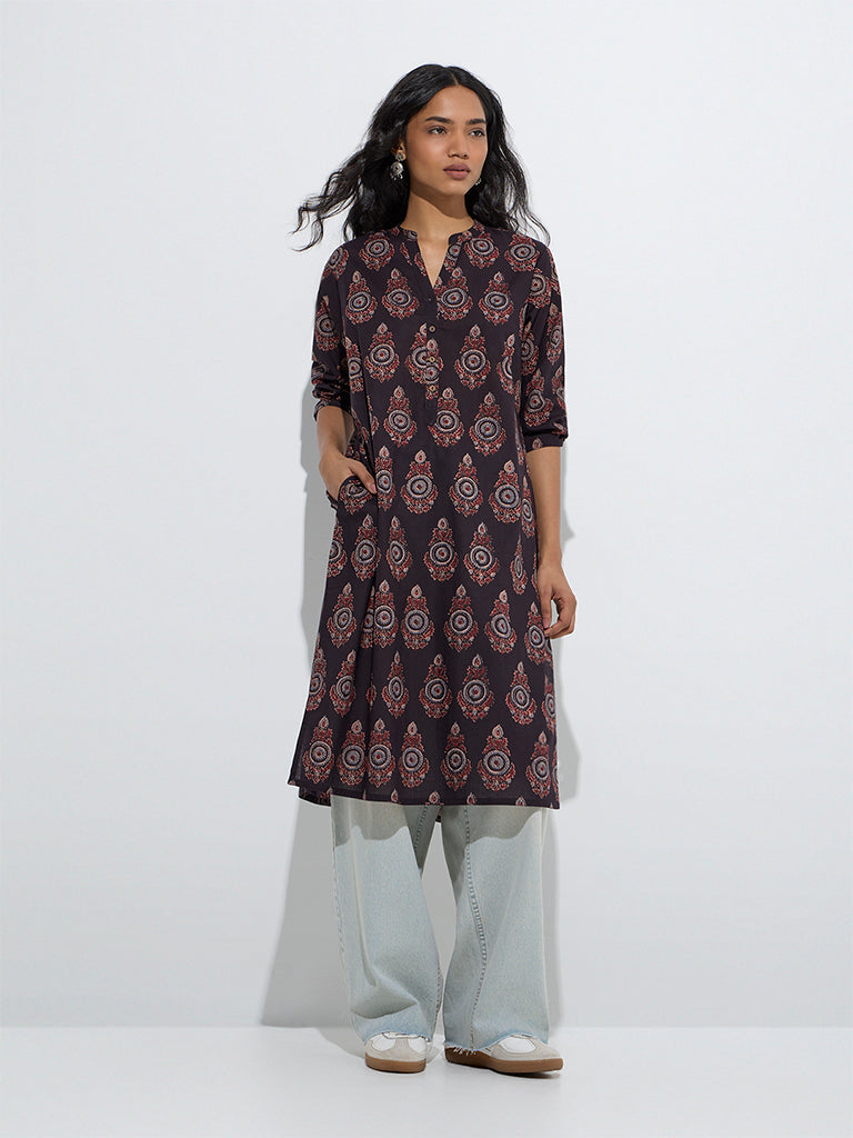 Utsa Black Mughal-Inspired Cotton Straight Kurta