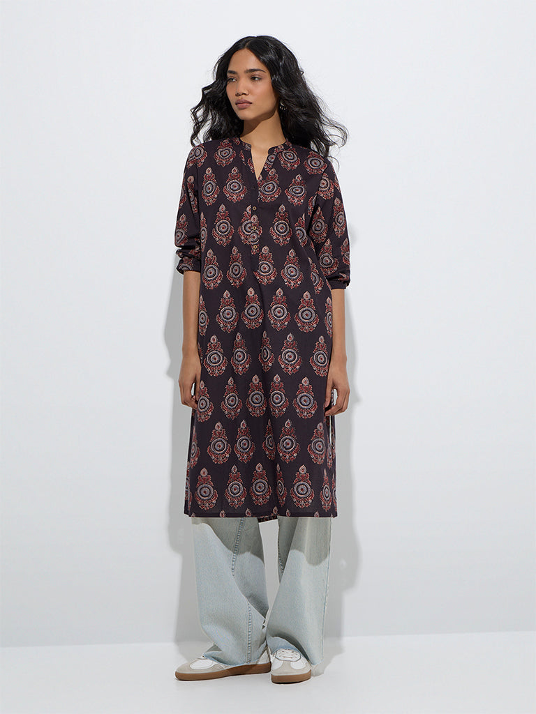 Utsa Black Mughal-Inspired Cotton Straight Kurta - Image 2