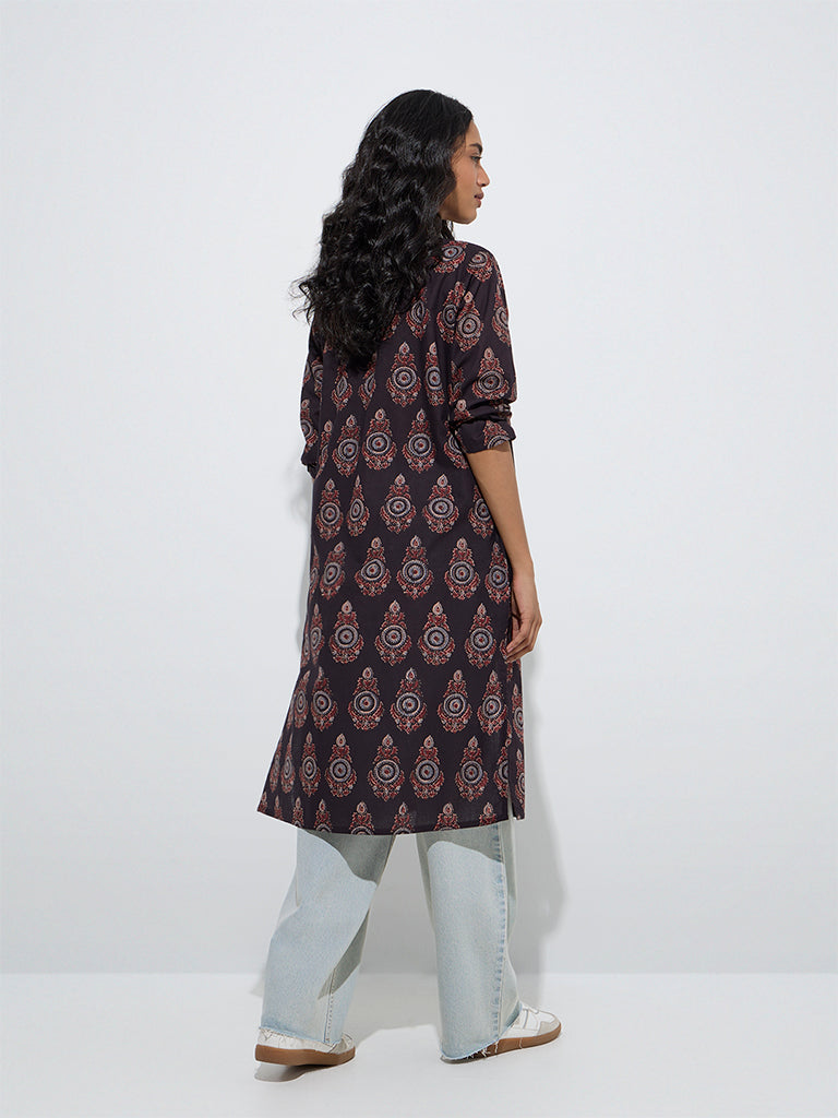 Utsa Black Mughal-Inspired Cotton Straight Kurta - Image 4