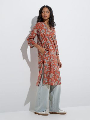 Utsa Rust Mughal-Inspired Cotton Straight Kurta
