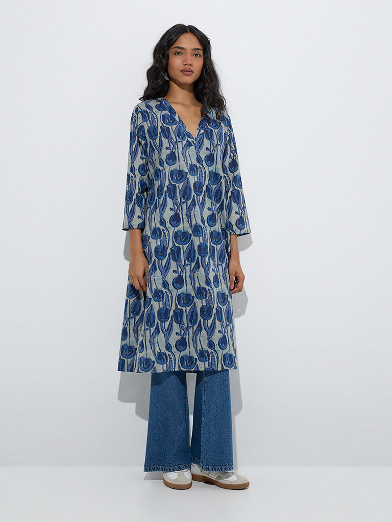 Utsa Blue Floral Pattern Cotton Straight Kurta