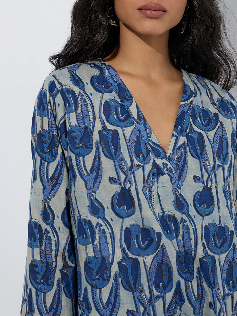 Utsa Blue Floral Pattern Cotton Straight Kurta - Image 3