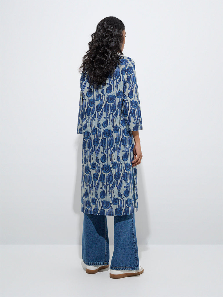 Utsa Blue Floral Pattern Cotton Straight Kurta - Image 4