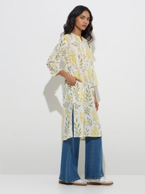 Utsa Yellow Foliage Design Straight Cotton Kurta