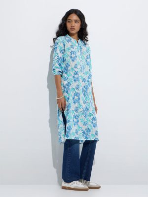 Utsa Aqua Foliage Printed Straight Cotton Kurta