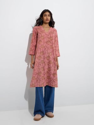 Utsa Pink Foliage Patterned Cotton Straight Kurta