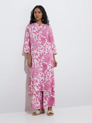 Utsa Pink Botanical Pattern Palazzos