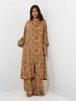 Utsa Beige Foliage Patterned Palazzos