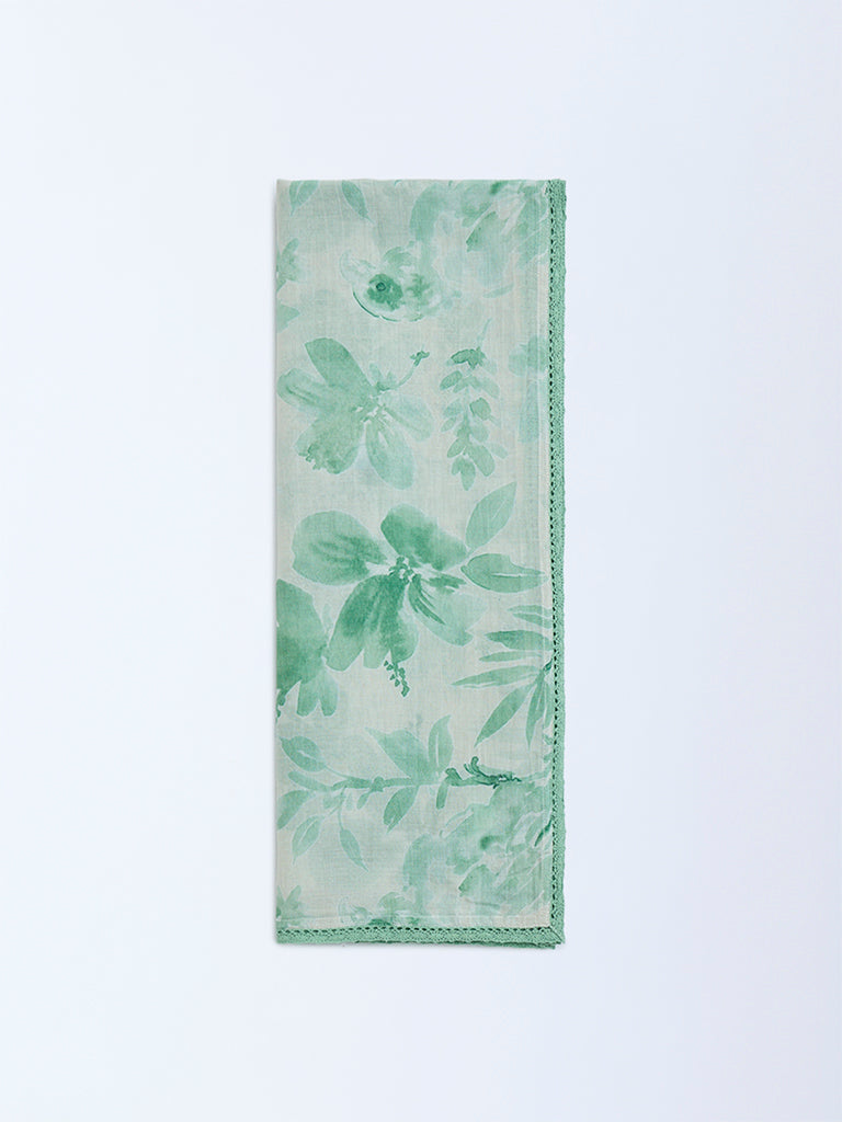 Zuba Green Botanical Pattern Cotton-Blend Stole