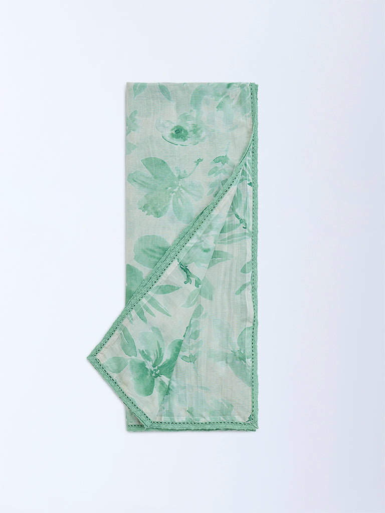 Zuba Green Botanical Pattern Cotton-Blend Stole - Image 2