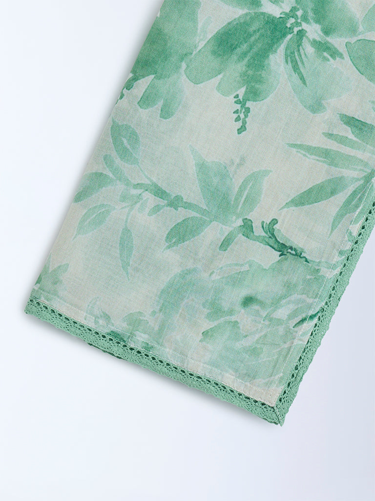 Zuba Green Botanical Pattern Cotton-Blend Stole - Image 3
