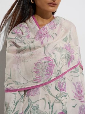 Zuba Lilac Floral Design Cotton-Blend Dupatta