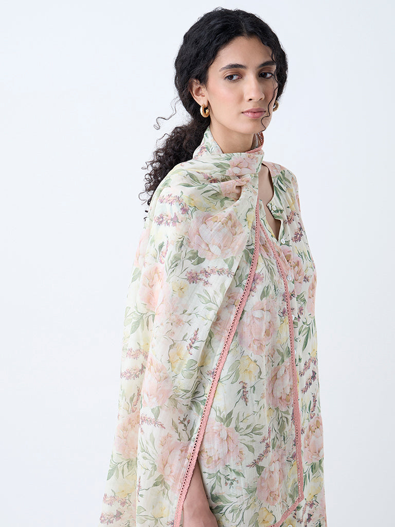 Zuba Multicolour Floral Pattern Cotton-Blend Dupatta