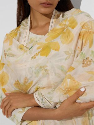 Zuba Yellow Floral Printed Cotton-Blend Dupatta