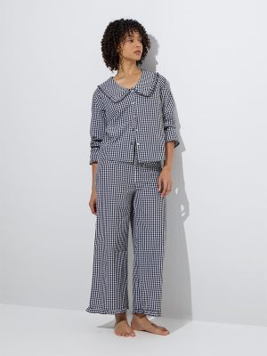 Wunderlove Black Checks Cotton-Blend Shirt with Pyjamas Set
