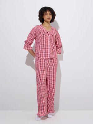 Wunderlove Red Checks Cotton-Blend Shirt with Pyjamas Set